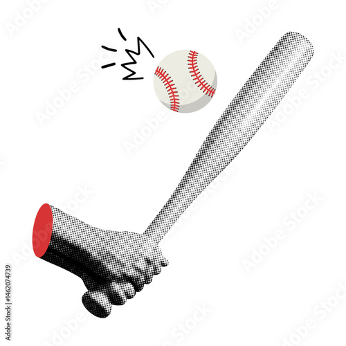 baseball player hitting ball, retro halftone style illustration