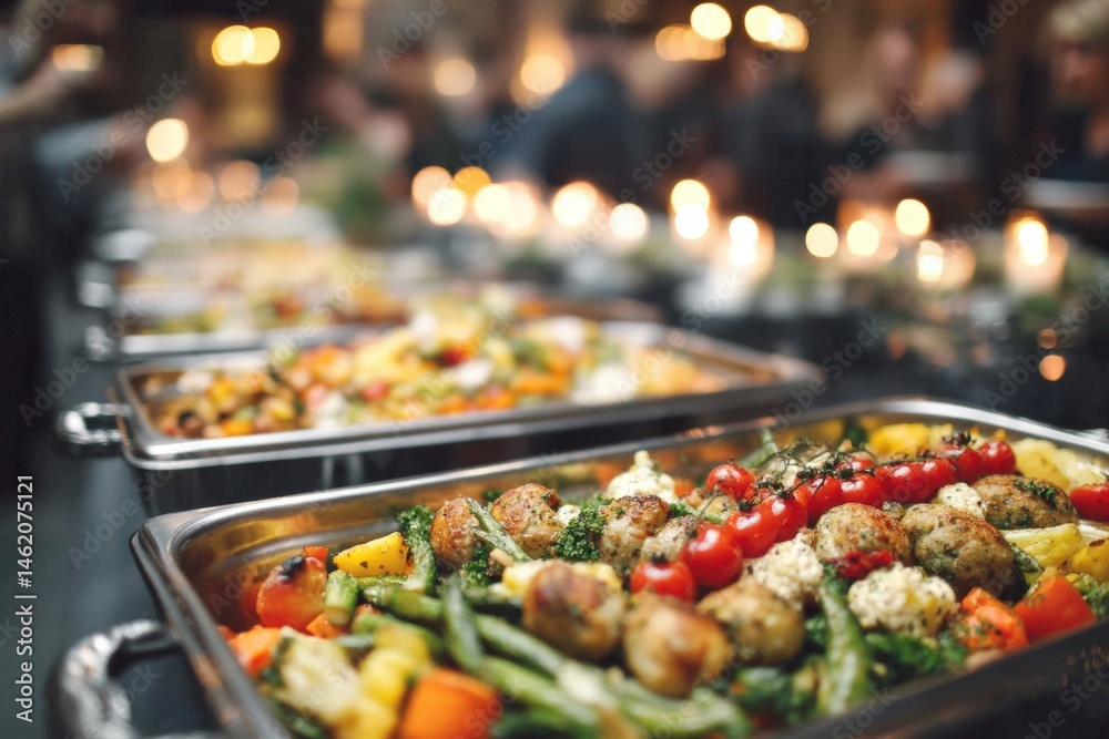 Fototapeta premium A variety of hot dishes served buffet-style at a festive event, featuring roasted vegetables and gourmet entrees in warming trays.