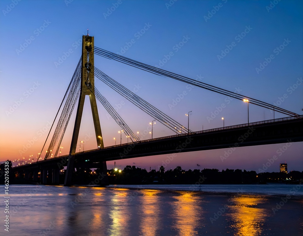 Obraz premium Illuminated cable-stayed bridge at sunset over a river. Serene twilight cityscape.