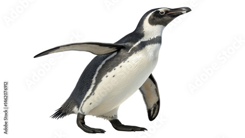 Elegant Penguin Walking with Outstretched Wings on White Background