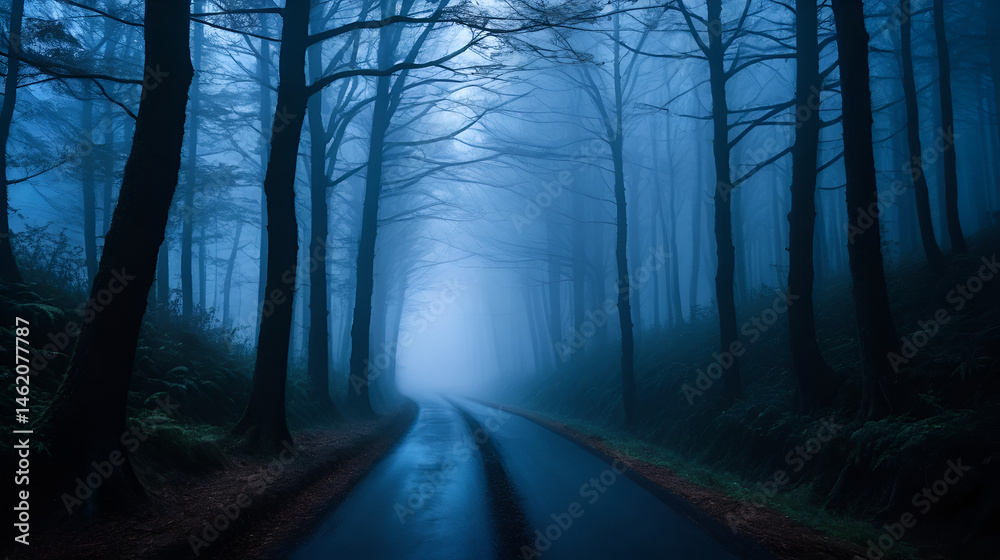 Obraz premium dark scary forest road on foggy night