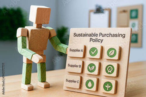 Sustainable eco friendly purchasing policy concept with wooden figure and green icons for ethical supply chain management