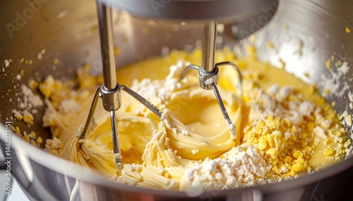 Close-up of a stand mixer blending butter, eggs, and flour, creating a creamy mixture. Ideal for baking blogs, recipe websites, and culinary publications.