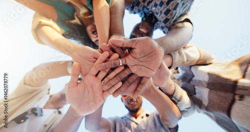 Cuadro en lienzo Hands stack, low angle and group of friends outdoor with community, collaboration or support
