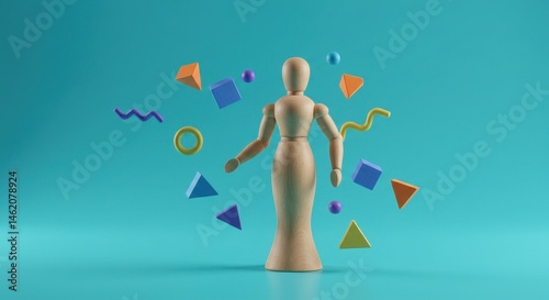 Wooden mannequin with floating geometric shapes on teal background