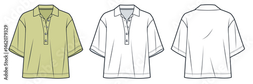 Oversized Polo Shirt Fashion Flat Sketch. Crop Tee Shirt fashion flat technical drawind template, button placket; drop shoulder, front and back view, white, yellow, women, men, unisex Top CAD mockup.