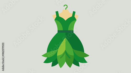 Leafy Dress A stylish dress made of vibrant green leaves symbolizing the connection between fashion and nature with ling ecofriendly accessories hanging on it.