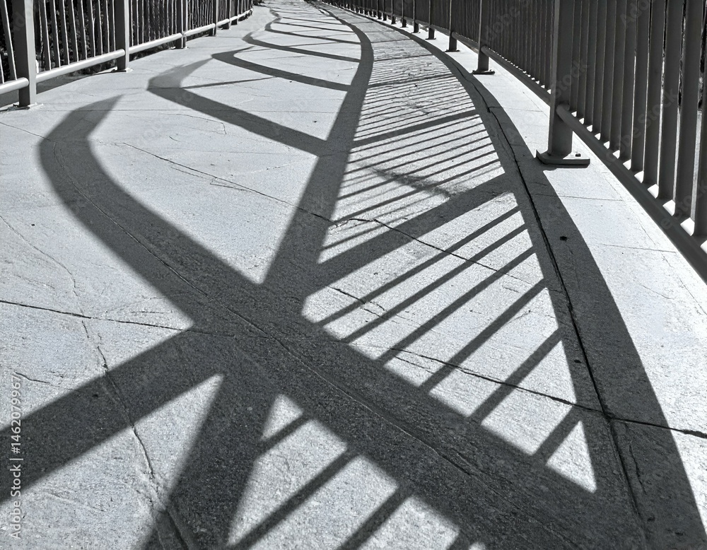 Obraz premium Abstract grayscale image of shadows cast by a railing on a curved walkway. The interplay of light and shadow creates a visually interesting pattern.