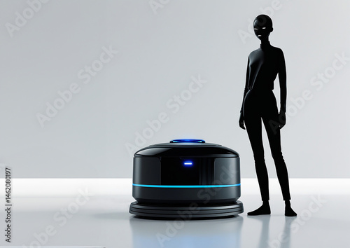 Illustration, Silhouette of a man with a robotic floor cleaner, vacuum cleaner, black and white icon.