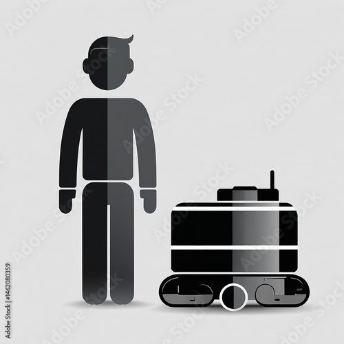 Illustration, Silhouette of a man with a robotic floor cleaner, vacuum cleaner, black and white icon.