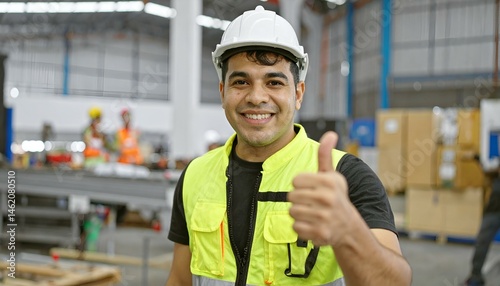 Happy factory worker giving thumbs up.  Positive, confident industrial portrait.