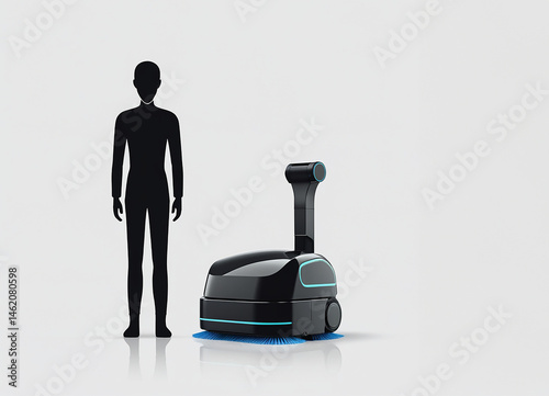 Illustration, Silhouette of a man with a robotic floor cleaner, vacuum cleaner, black and white icon.