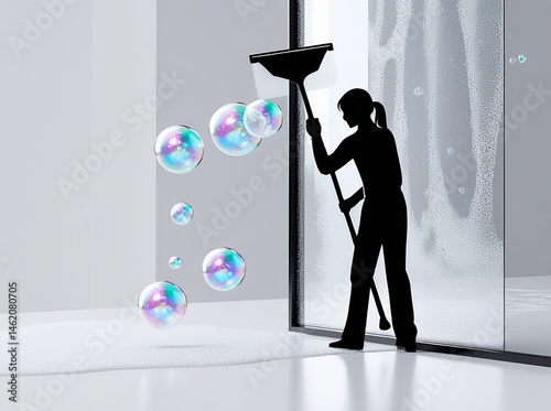 Generated image.  Illustration, Silhouette of a man washing glass surfaces, windows, soap foam, cleaning services, black and white icon.