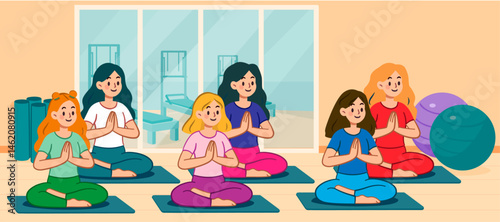 Group yoga. Yoga class training in gym. Women workout and meditation.