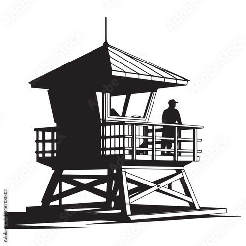 A black and illustration featuring a lifeguard tower Vector Black silhouettes. with white background