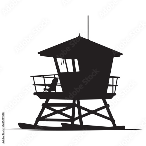 A black and illustration featuring a lifeguard tower Vector Black silhouettes. with white background