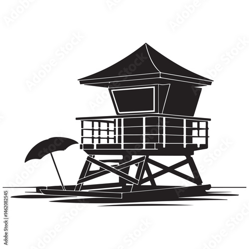 A black and illustration featuring a lifeguard tower Vector Black silhouettes. with white background