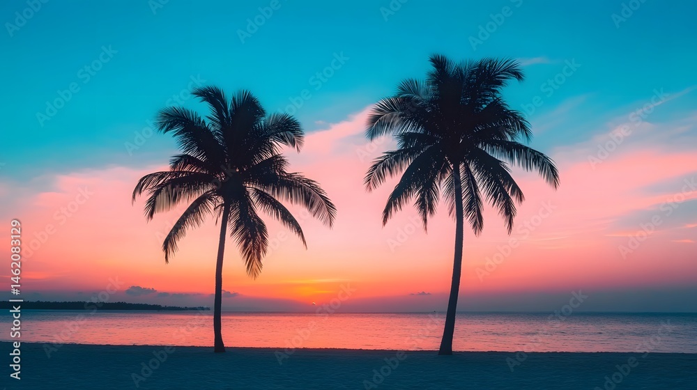 Obraz premium Silhouetted palm trees against a vibrant sunset over a serene beach