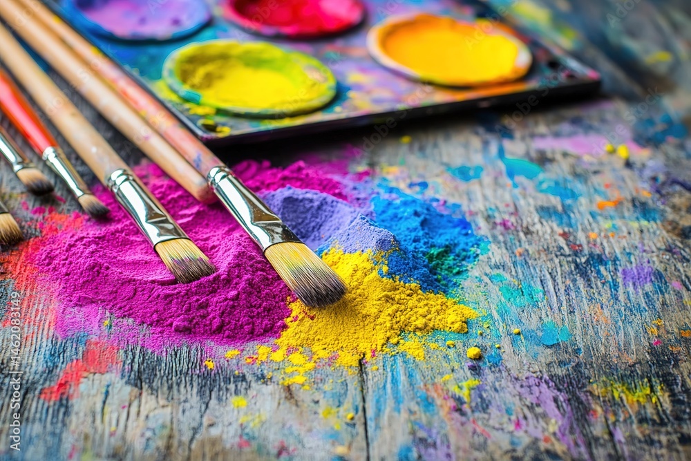 Obraz premium Bright colored powder spilled over a wooden table, with a few paintbrushes and a colorful palette beside it