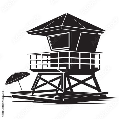 A black and illustration featuring a lifeguard tower Vector Black silhouettes. with white background