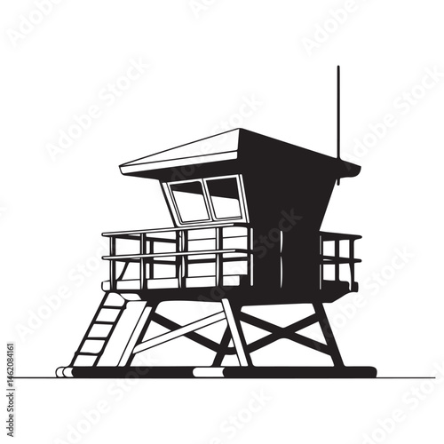 A black and illustration featuring a lifeguard tower Vector Black silhouettes. with white background