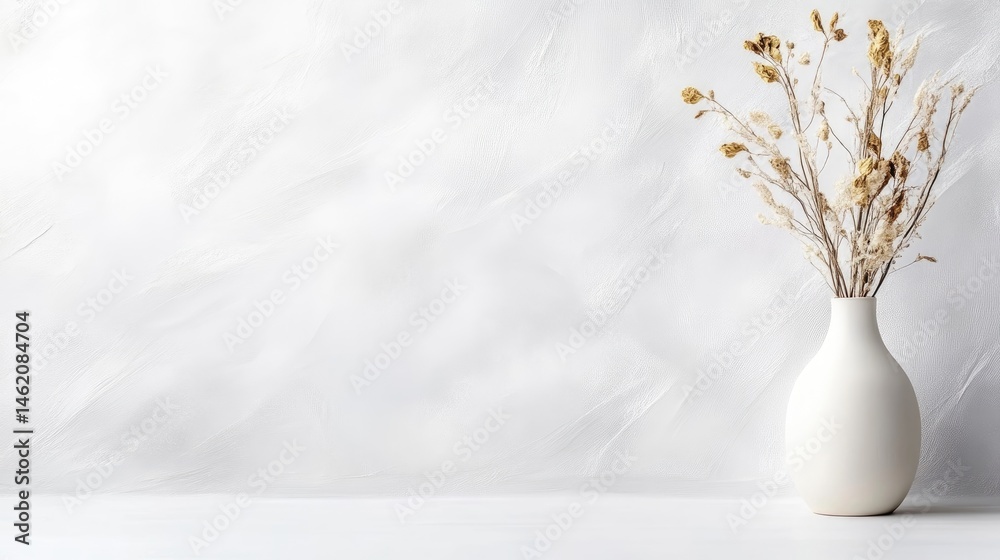 Fototapeta premium Dried Flowers in Vase Minimalist Style High-resolution Soft Lighting Wide Shot Simple Arrangement Peaceful Serenity Home Decor Neutral Tones Ideal for Blogs