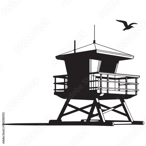 A black and illustration featuring a lifeguard tower Vector Black silhouettes. with white background