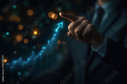 A person in a suit points at a glowing upward arrow on a digital graph, symbolizing financial growth or success. The background is dark with bokeh lights