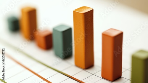 A close-up of a colorful bar chart with orange, green, and blue bars of varying heights on a grid background, representing data visualization and analysis