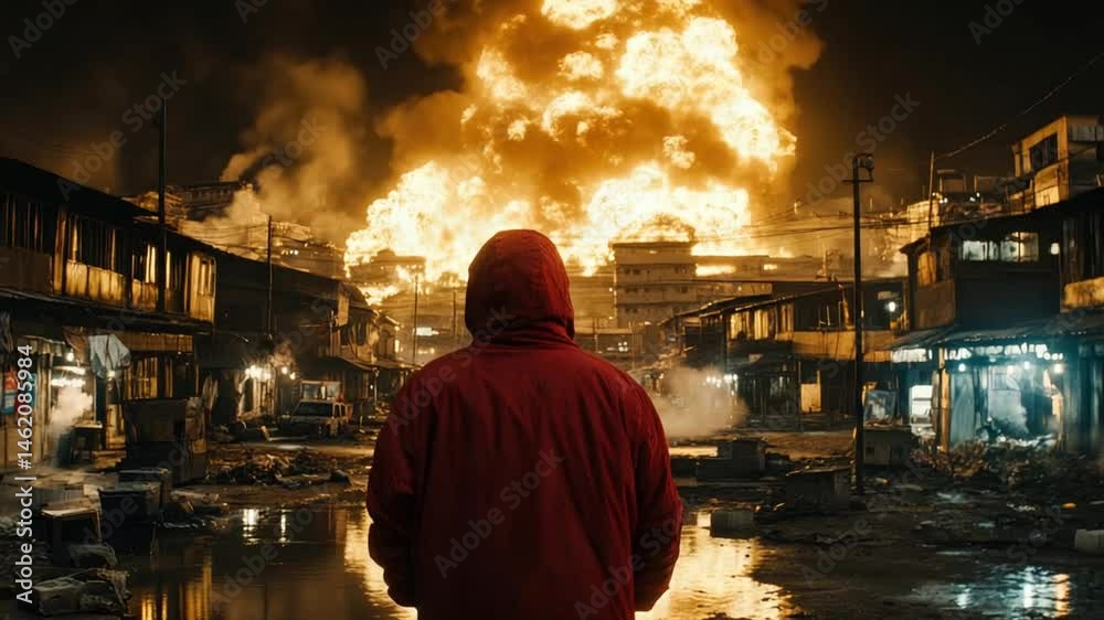 Night fire with city destruction, and man. Night fire with city destruction, and man.
