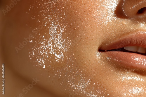 Extreme close-up of a Mediterranean woman's skin, highlighting a combination skin type with visible oiliness on the forehead and nose, while the cheeks appear drier and slightly flaky