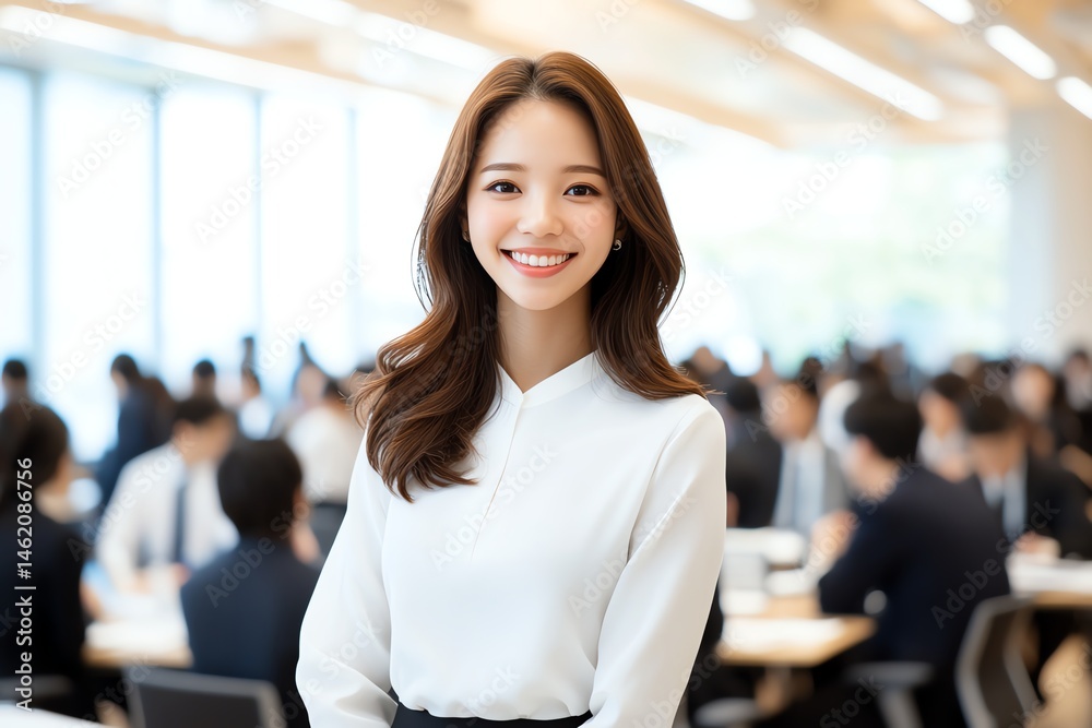 A confident young woman in professional attire stands in an office environment, smiling and exuding positivity, surrounded by colleagues engaged in discussions and teamwork.