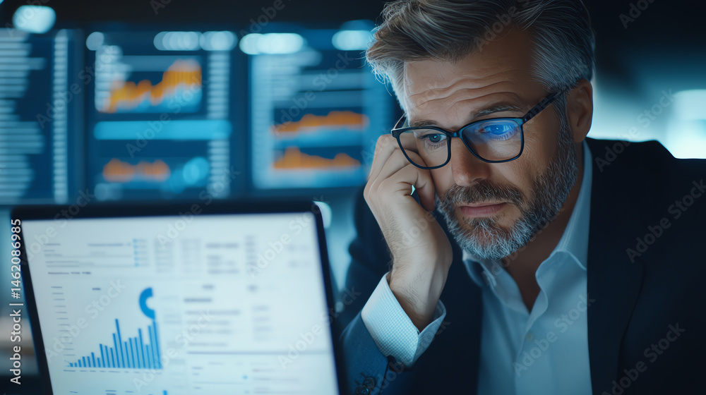 A focused businessman analyzes financial data on his computer, immersed in charts and graphs displaying market trends while expressing concern about economic performance.