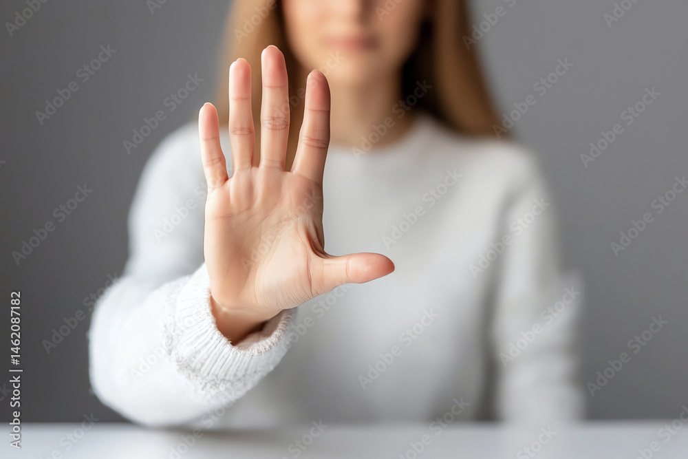 A focused image of a woman extending her hand in a stopping gesture, symbolizing a message of awareness, empowerment, and personal boundaries. Perfect for social commentary themes.