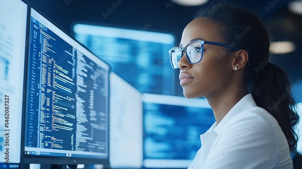 A focused woman in glasses works diligently on a dual computer setup, analyzing code and data for a tech project. The environment showcases a modern workspace for innovation.