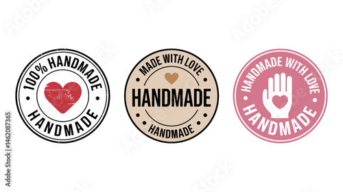 Set of Handmade Product Seals with Heart and Hand Icons