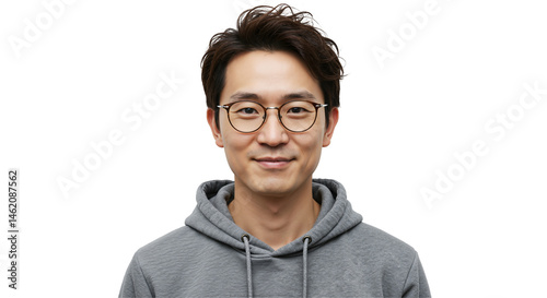 A young adult Asian male wearing glasses and a grey hoodie, smiling confidently against a solid black background, portraying a casual and approachable demeanor.