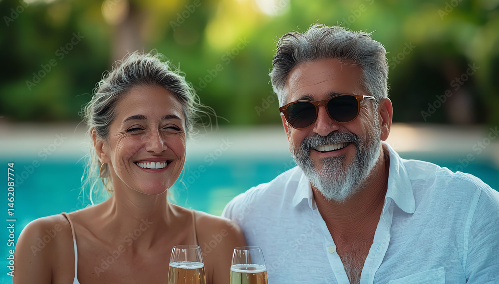 A joyful couple enjoying drinks by the poolside, showcasing happiness and relaxation in a beautiful outdoor setting. Perfect for conveying moments of leisure and connection.