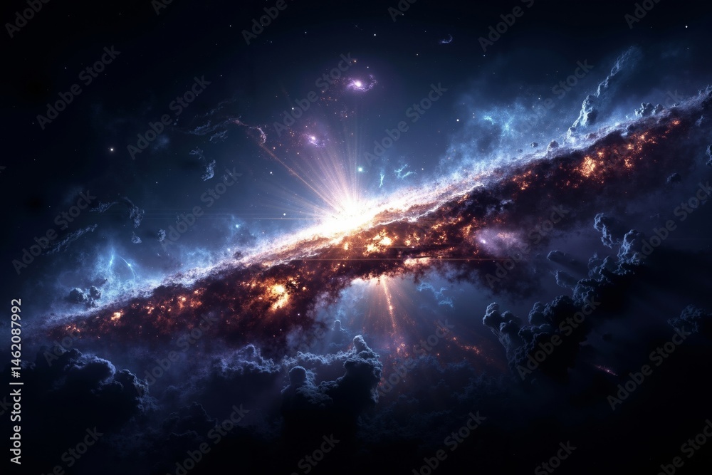 Fototapeta premium A black hole in the middle of a dark space filled with stars and clouds