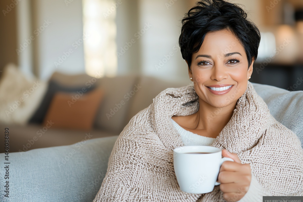 A joyful woman enjoys a warm drink, wrapped in a cozy blanket, showcasing a moment of comfort and relaxation at home. Perfect for lifestyle and wellness themes.