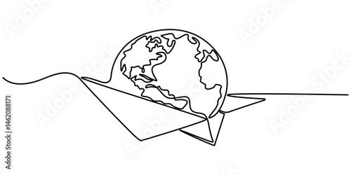 One continuous line drawing of Earth with paper airplane, Continuous line drawing of planet earth in world care concept thin line illustration, Paper Plane Single Line Icon. 