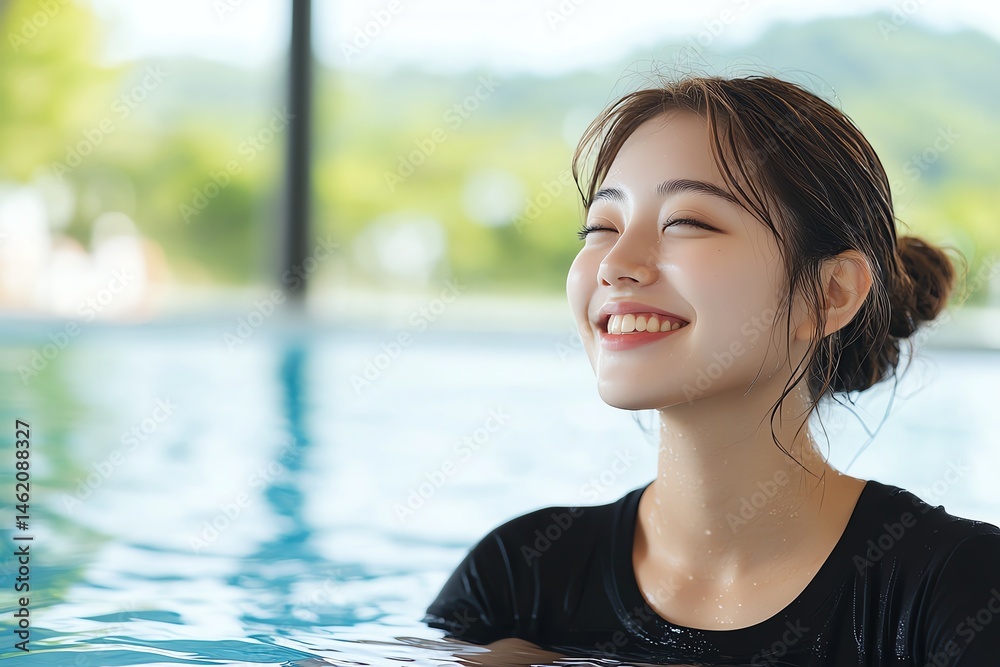 A joyful young woman enjoys a relaxing moment in a serene swimming pool, exuding happiness and tranquility amidst a scenic view of lush greenery.