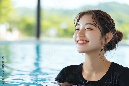 Obraz na płótnie A joyful young woman enjoys a relaxing moment in a serene swimming pool, exuding happiness and tranquility amidst a scenic view of lush greenery. w salonie