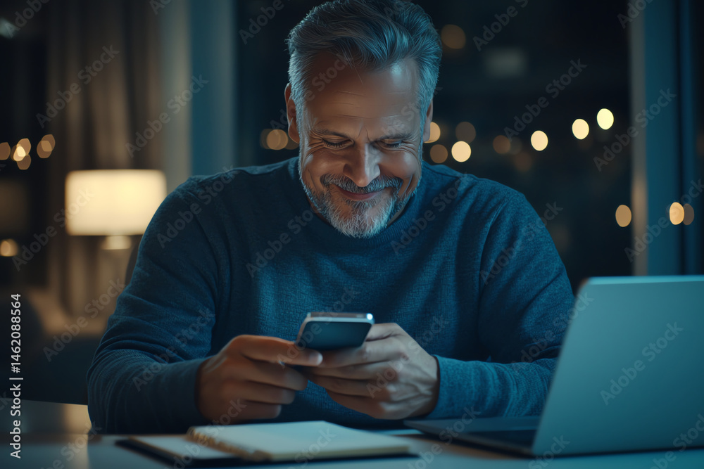 A middle-aged man smiles while using his smartphone in a cozy, well-lit home office