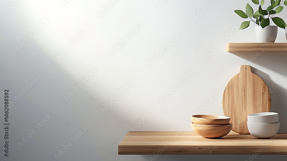 A minimalist kitchen shelf showcases wooden bowls, a cutting board, and a small potted plant against a smooth, light wall