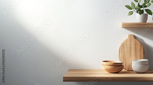 Obraz na płótnie A minimalist kitchen shelf showcases wooden bowls, a cutting board, and a small potted plant against a smooth, light wall w salonie