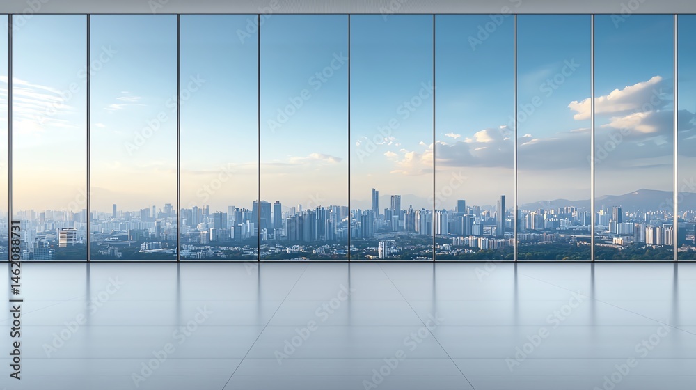 A modern, minimalist office space featuring large glass windows that overlook a vibrant city skyline. The open area is bright, showcasing the interplay of light and urban scenery.