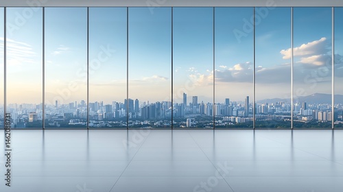 Obraz na płótnie A modern, minimalist office space featuring large glass windows that overlook a vibrant city skyline. The open area is bright, showcasing the interplay of light and urban scenery. w salonie