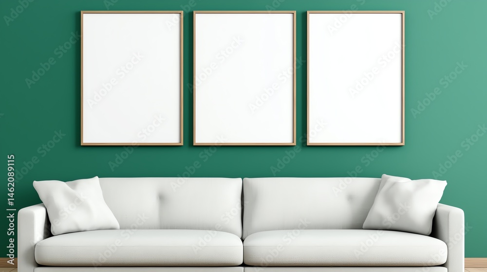 A modern living room with a white sofa and three empty picture frames on a vibrant green wall, creating a stylish and inviting atmosphere for home decor inspiration.