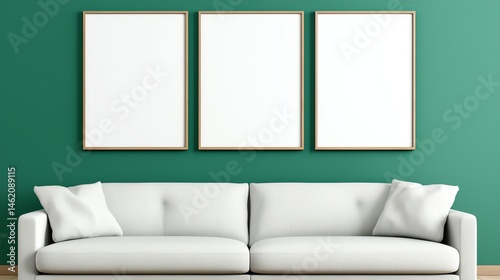 Obraz na płótnie A modern living room with a white sofa and three empty picture frames on a vibrant green wall, creating a stylish and inviting atmosphere for home decor inspiration. w salonie